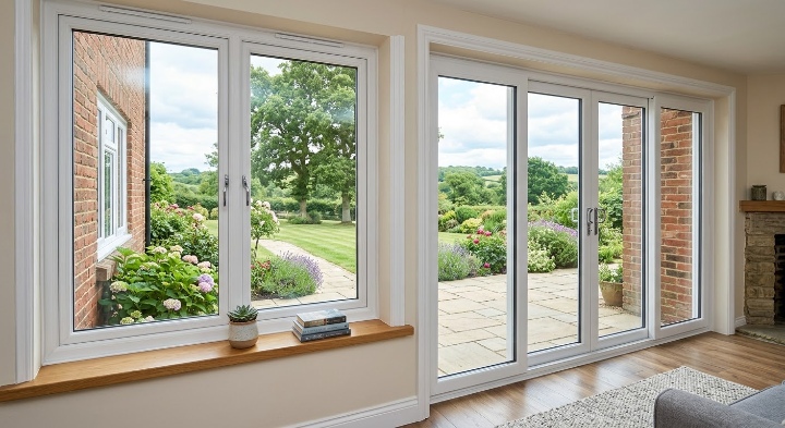 Modern white double-glazed sliding patio doors leading out to a garden patio.
