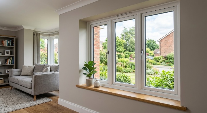 Modern living room featuring large white uPVC double glazed windows that offer a clear view of a green garden, providing ample natural light to the interior.