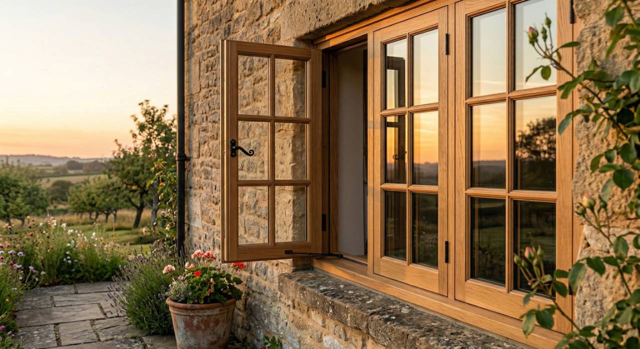 Enhance your Swindon home with beautiful timber windows, featuring a natural wood finish and classic design. Perfect for a traditional cottage aesthetic at sunset.