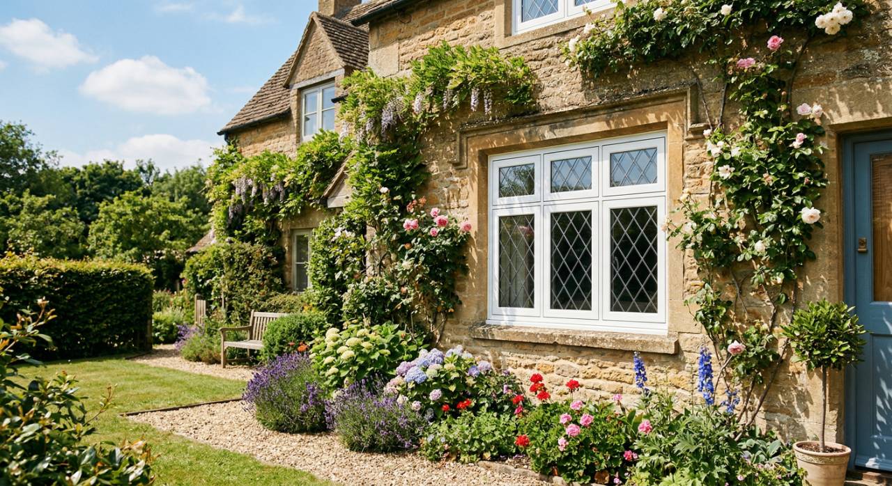 Enhance your Swindon home with beautiful white UPVC windows featuring diamond-patterned glazing. Perfect for traditional stone properties, offering energy efficiency and classic charm.